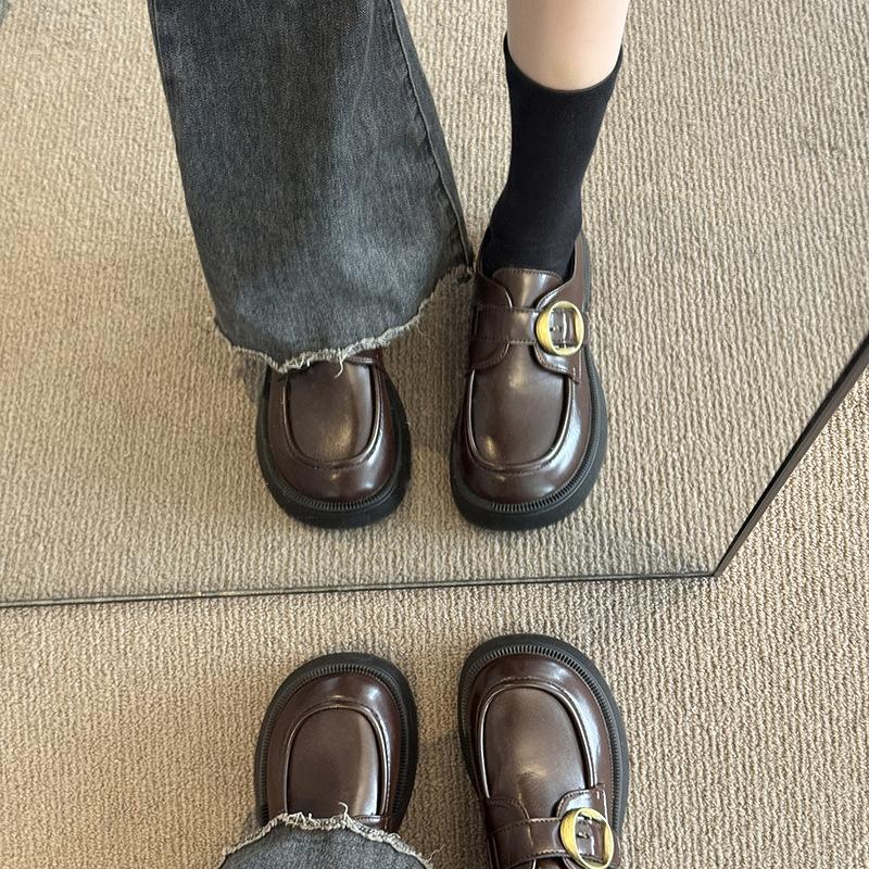 Platform loafers women's 2025 new autumn and winter British style small leather shoes versatile brown single shoes one pedal women's shoes