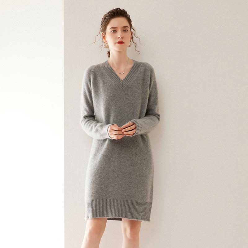 2024 Autumn Winter Women's V-Neck Cashmere Long Sleeve Sweater and Mid-Length Wool Skirt Set
