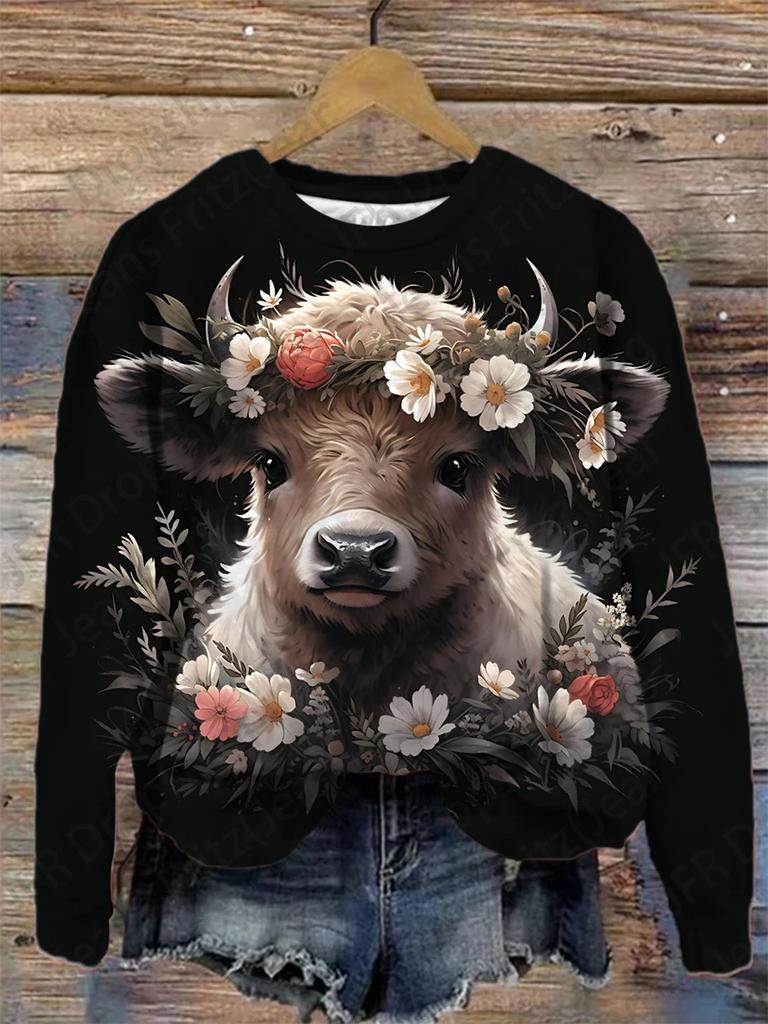 Damen T-Shirt 3D Cartoon Tier Kuh Print Sweatshirt Casual Oansatz Hoodie Mode Frauen Sweats Frühling Herbst Mantel Sudaderas Femme