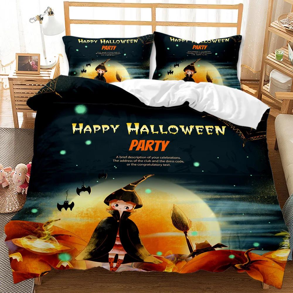 Copripiumino Halloween King Size, Gatto Strega Cartone Animato Luna Zucche Notte Spaventosa Coperta Trapuntata Set Biancheria da Letto in Microfibra per Bambini Ragazze