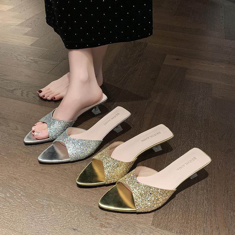 Internet celebrity sandals women's summer wear 2025 new thin heels pointed beautiful high heels open toe with cool slippers