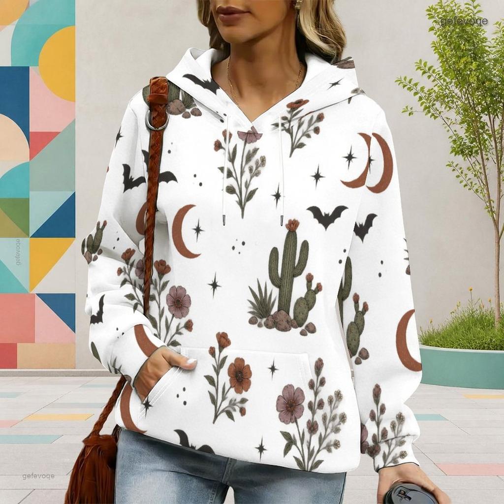 Women s Plus Size White Cartoon Teacher Witch Ghost Printed Long Sleeve Drawstring Hoodie With Kangaroo Pocket