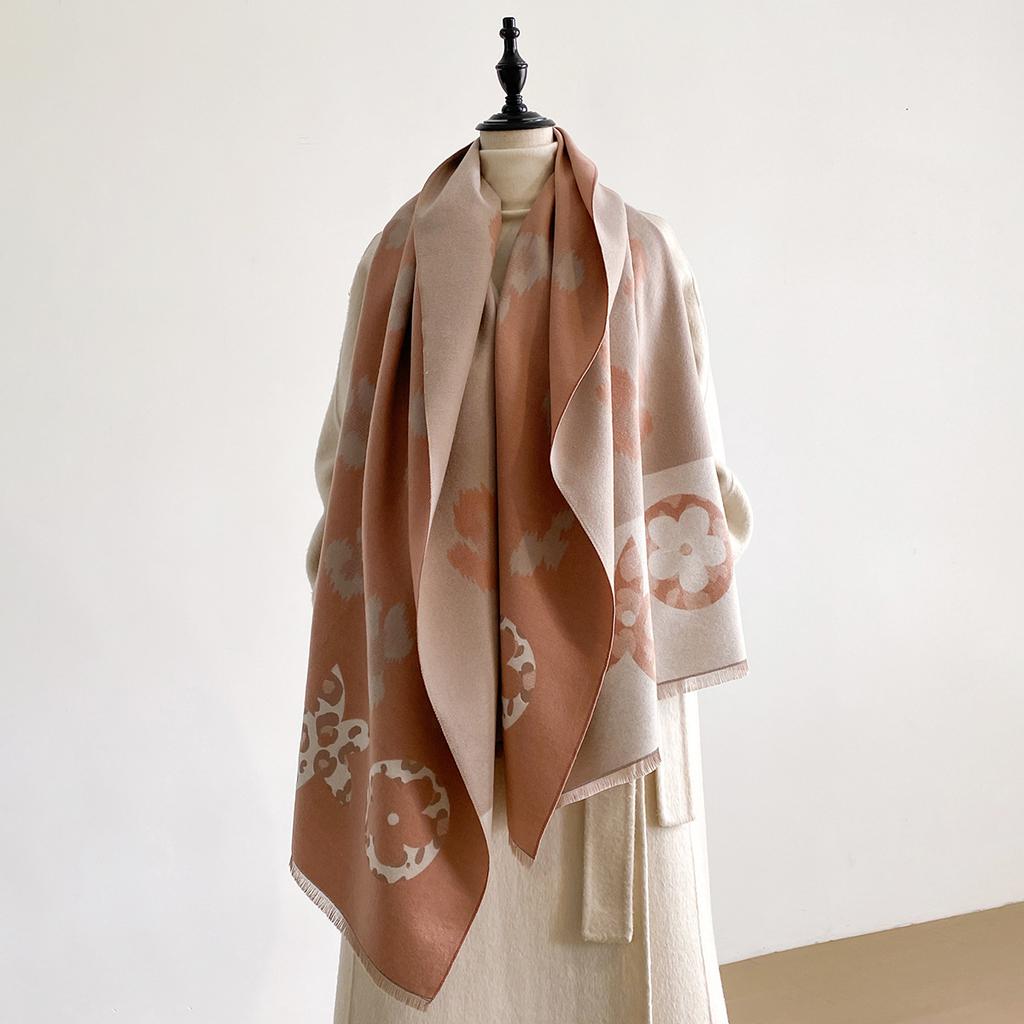 Women's Leopard Print Splicing Shape Fashionable Versatile Imitation Cashmere Warm Scarf Short Beard Fringed Shawl Women