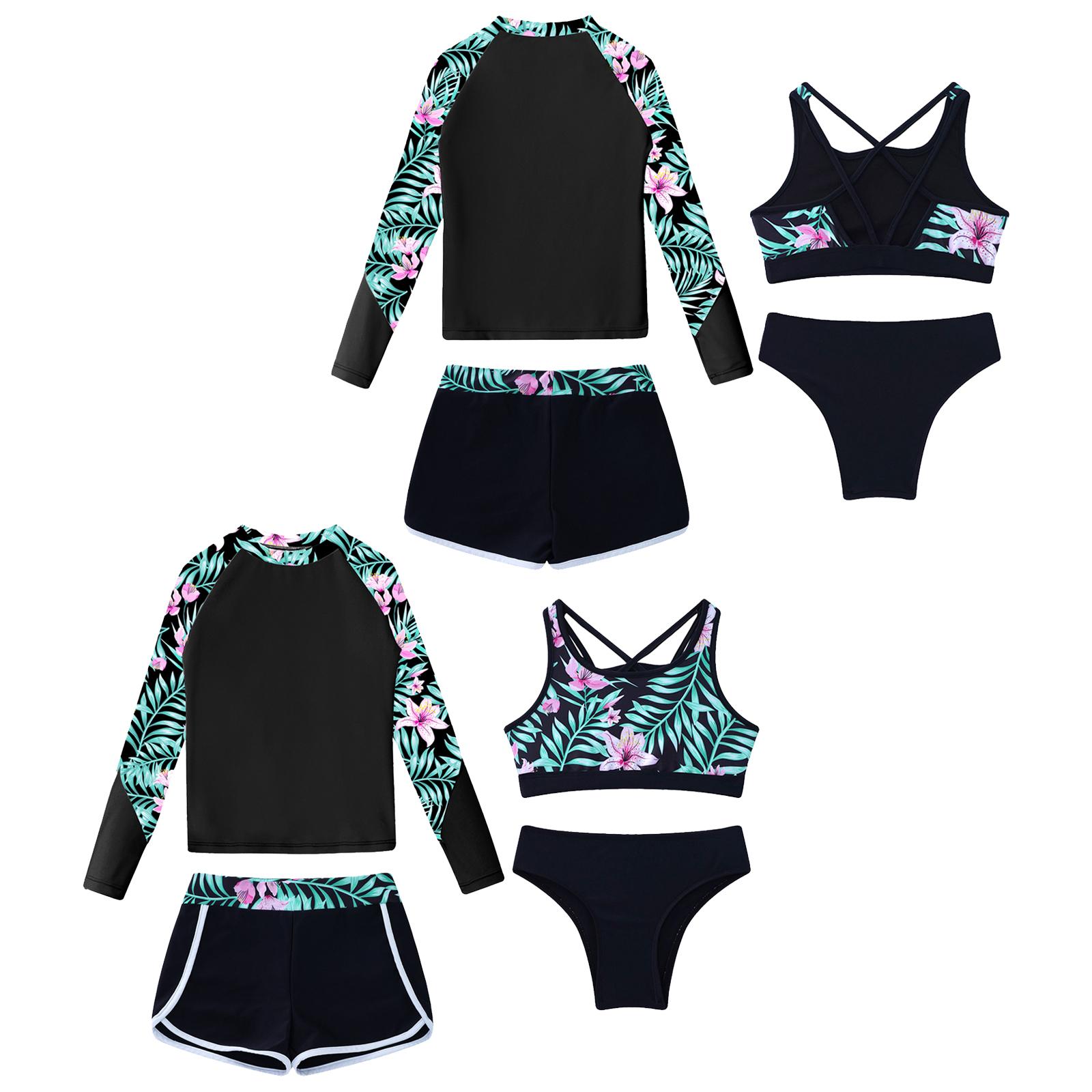 

Girls 4Pcs Swim Set Long Sleeve Mock Neck Top Strappy Back Crop Top Elastic Shorts Briefs 15-16 Years чорний