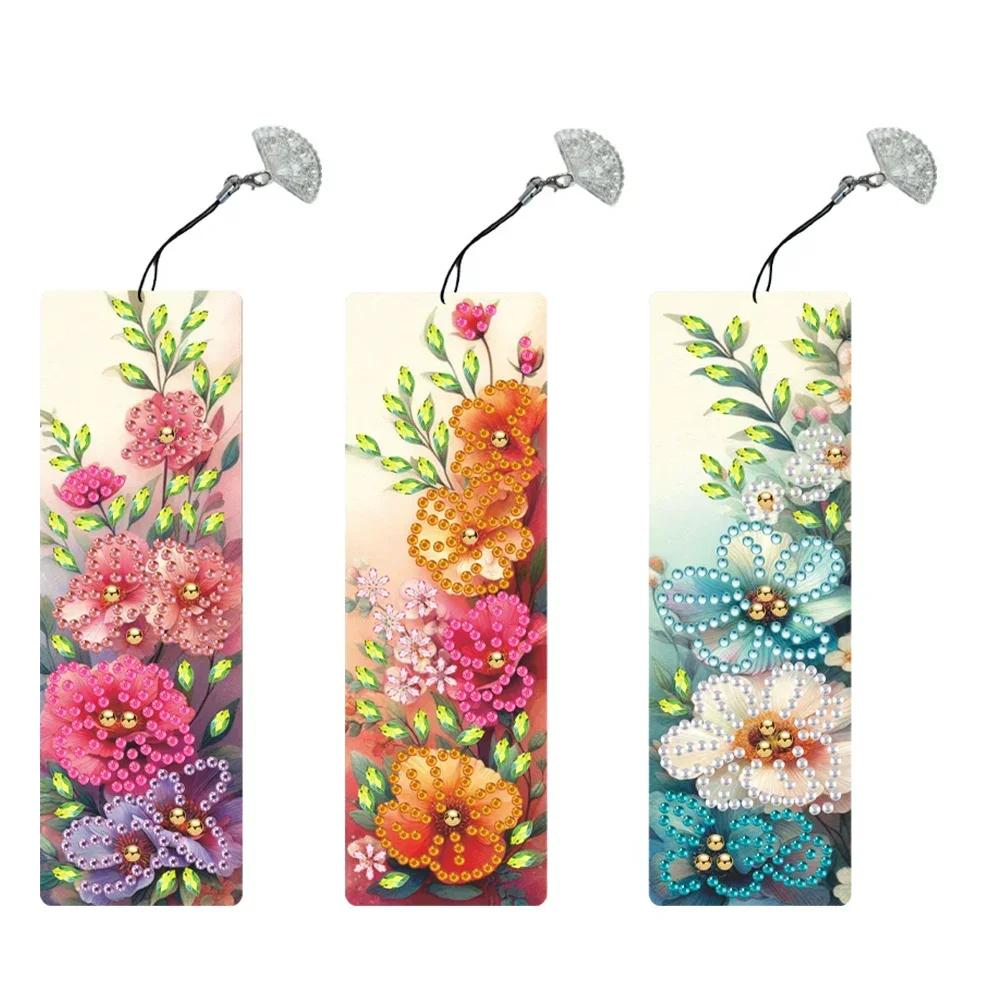 3Pcs Special Shape Flower Diamond Bookmark Art Projects Diamond Painting Bookmark Making Kit Diamond Art Bookmark with Pendant