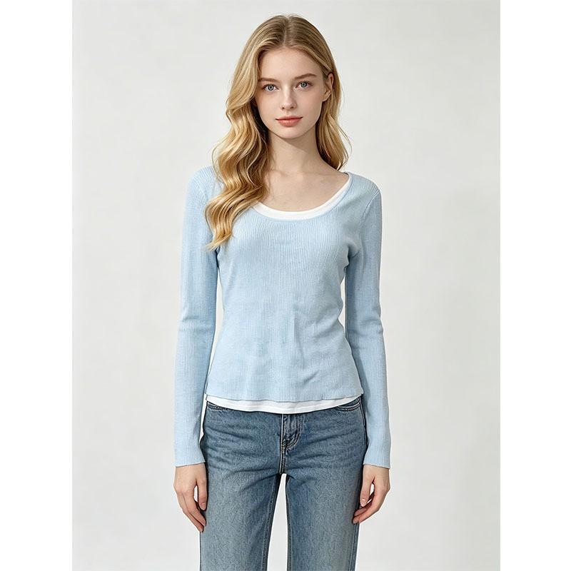 Womens Mock Two-Piece U-Neck Ribbed Knit Top Soft Viscose Long Sleeve Slim Fit Layering Base Shirt Fall