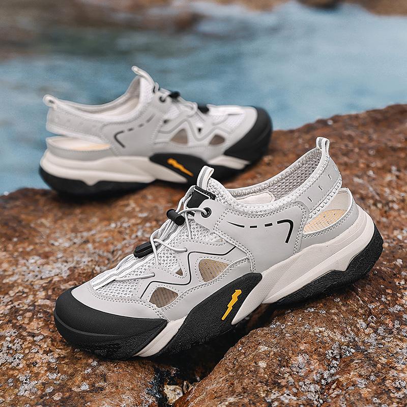 Fashion Hollow Out Men's Leather Sandals Adjustable Straps Mesh Shoes Non-Slip Sole Beach Shoes Comfortable Summer Shoes Outdoor Sandaly