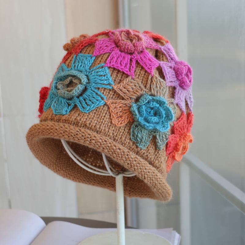 Hat Fan Gradual Change Wool Line Ethnic Style Colorful Flowers Hand Hook Pile Bag Head Hat Retro Elegant Autumn and Winter Warmth