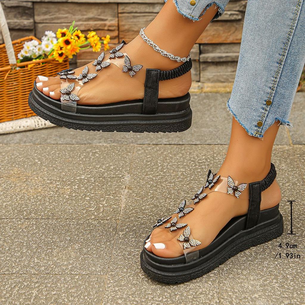 Fashion Rhinestone Butterfly Decorative Platform Sandals 2025 Summer New Elastic Band Wide Fat Feet Flat Open-toed Sandals