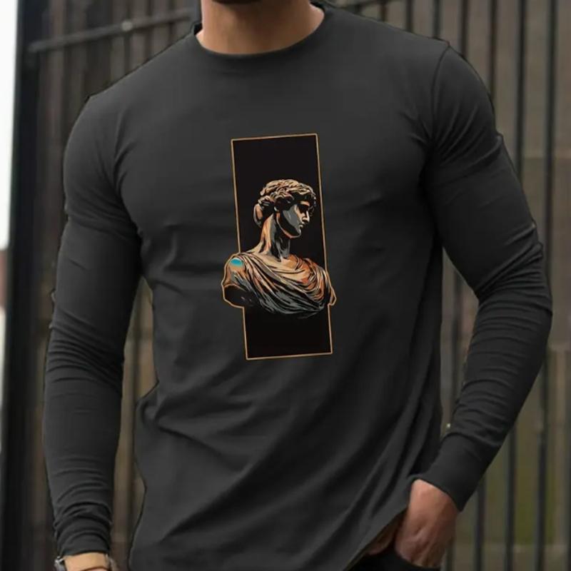 Sculpture Bust Print Men's Tshirts Long Sleeve Tees Round Neck Casual Pullover Men's Clothing Plus Size