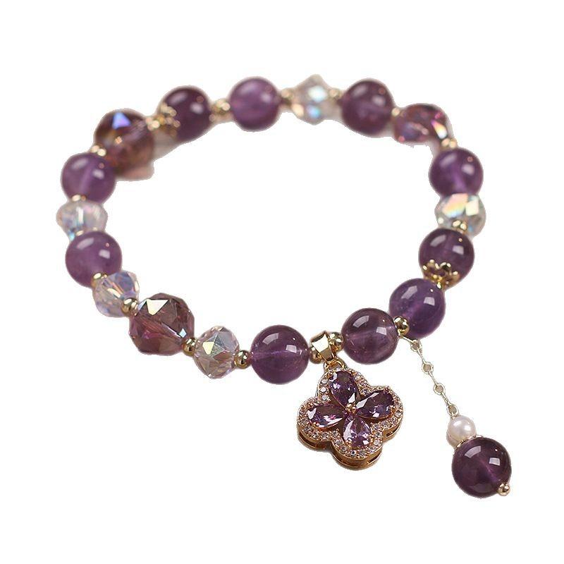 Fashion Purple Crystals Beaded Bracelets for Women Round Beads Purple Four-leaf Clover Drop Bracelet Lucky Stretch Hand Chain Jewelry for Wedding