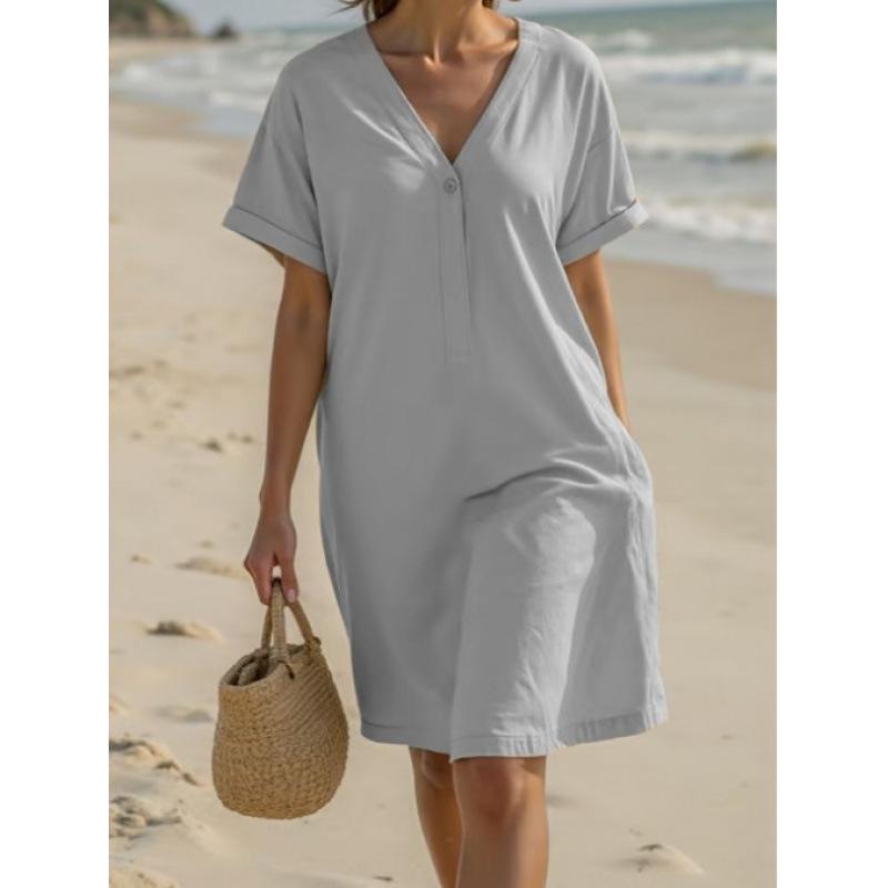Cross-border new fashionable versatile women's casual solid color V-neck loose dress