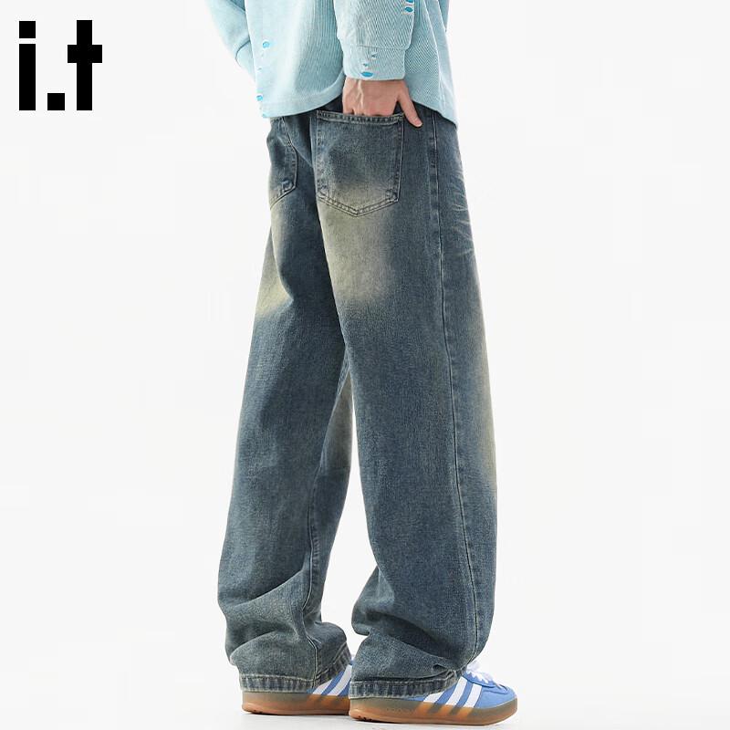 Fingercroxx Men's American Retro Washed Whisker Straight-Leg Jeans