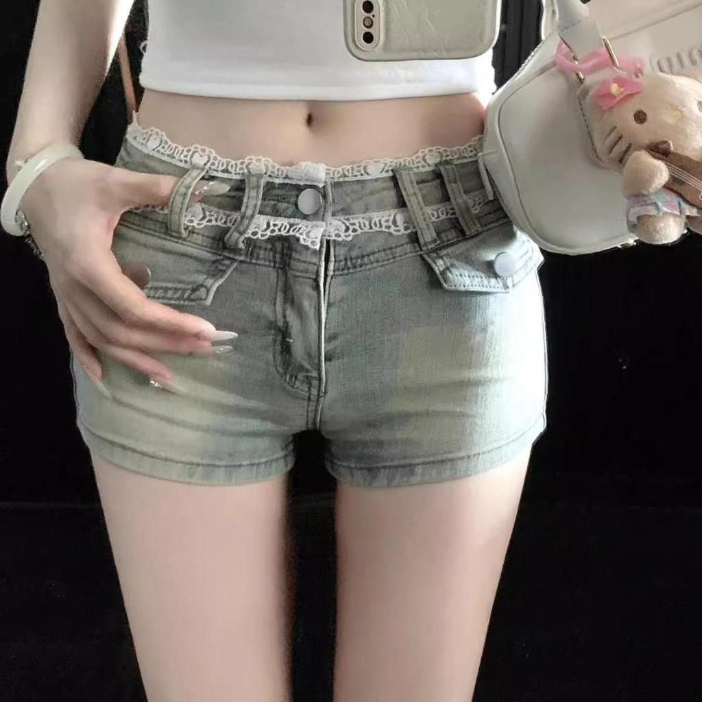Lace Patchwork Denim Shorts - Women's Sexy Low-Waisted, Hip-Hugging Pants for Spring/Summer
