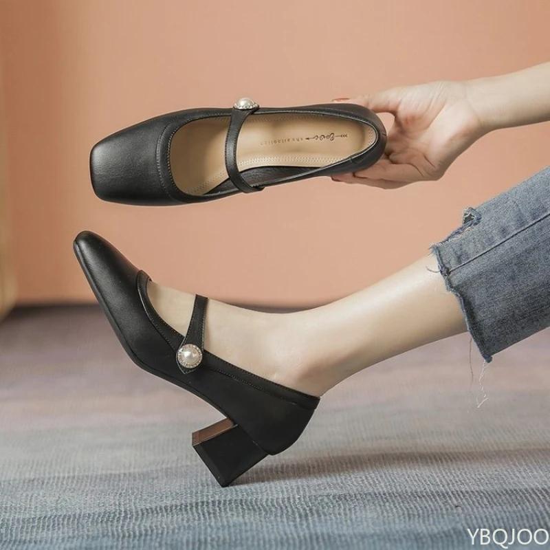 New versatile Women's high heel French soft leather thick heel Shoes Fashion square toe shoes Elegant Comfort ladies pumps Mujer