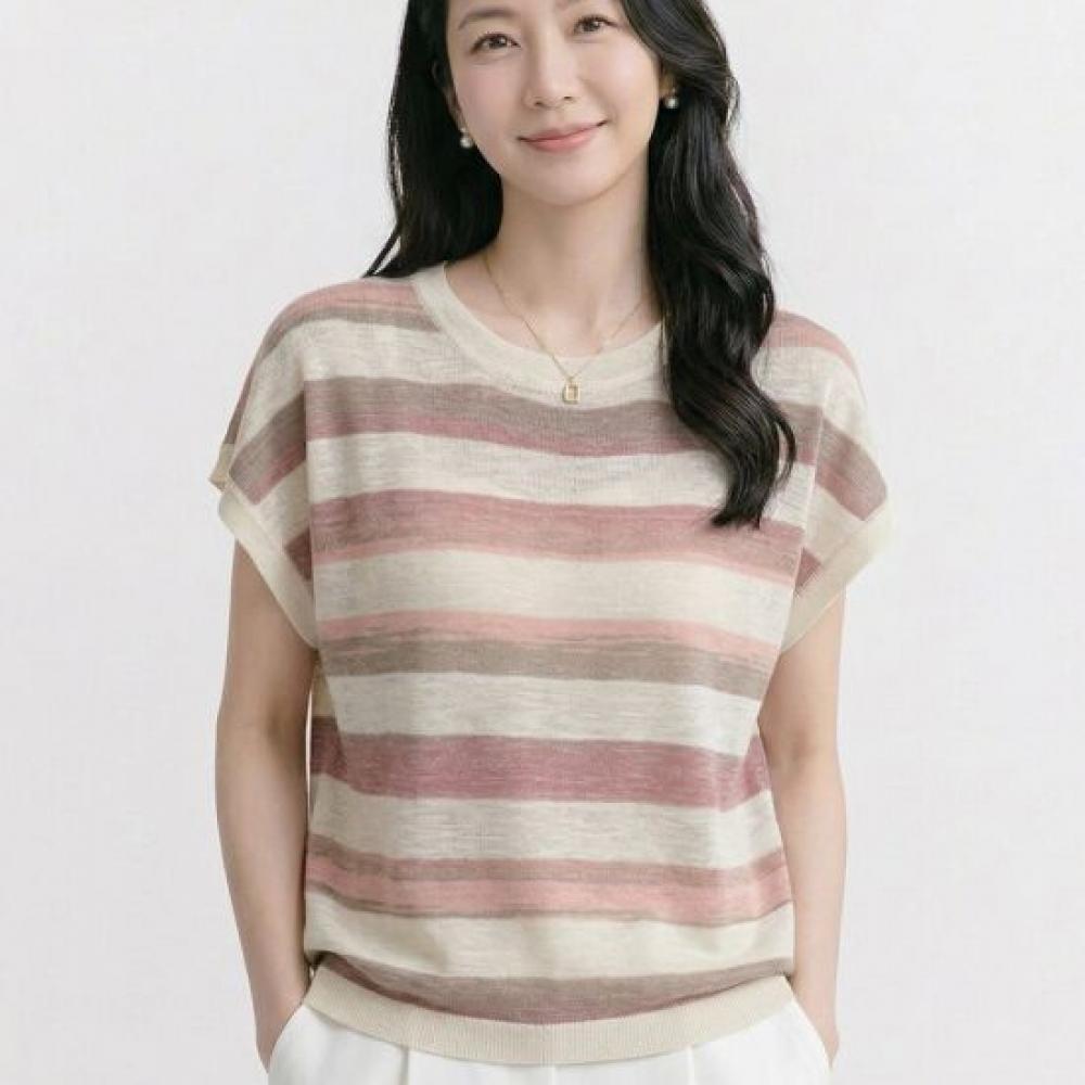 Navava Women Casual Stripe Color Block Cap Sleeve Knit Top Nk3640