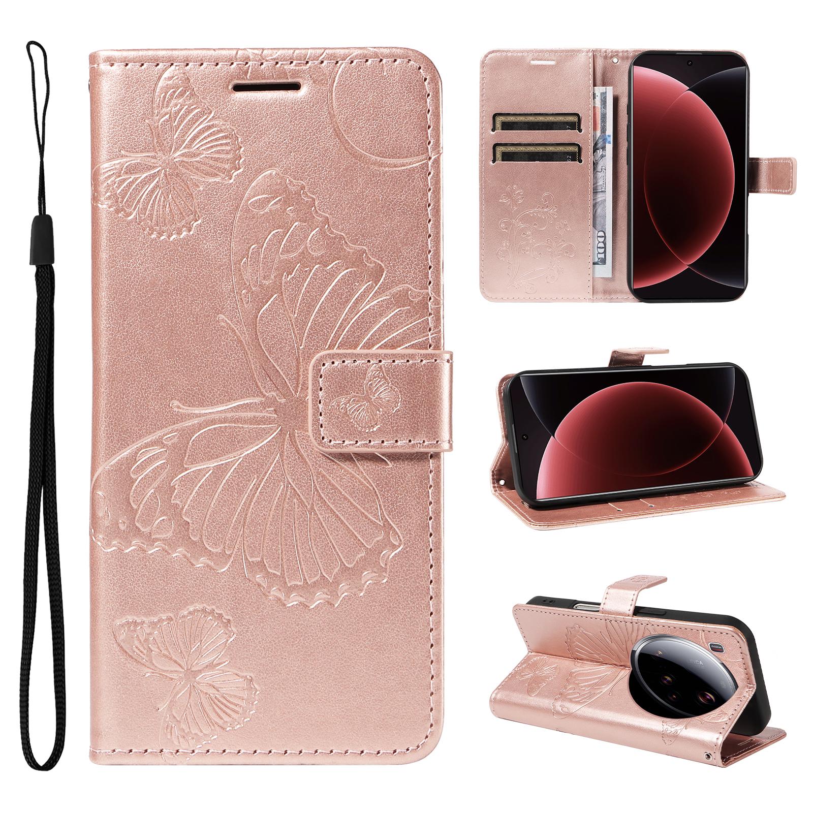 

For Xiaomi 15 Ultra Wallet Case Floral Butterfly Imprinted Leather Phone Cover Stand Rose Gold