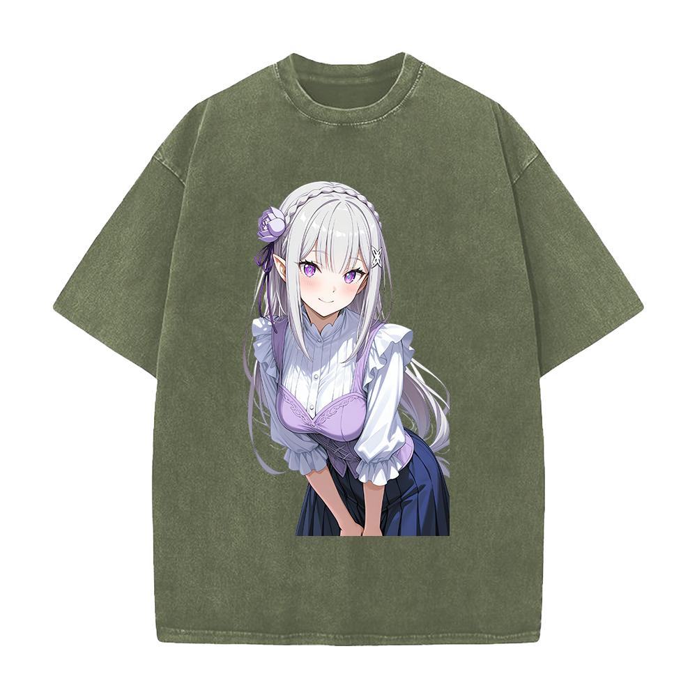 Emilia Re ZERO Starting Life In Another World Anime Clothing Men Women T-shirts Washed T Shirt Retro Cotton Tshirt Harajuku Tops