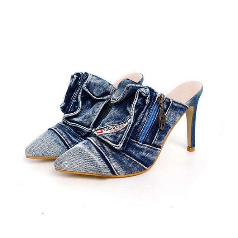 Summer new high-heeled pointed-toed thin-heeled high-heeled women's sandals washed denim retro personalized old cool slippers women