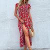 Summer Midi Length Skirt European And American V-Neck Ethnic Style Print Slit Dress
