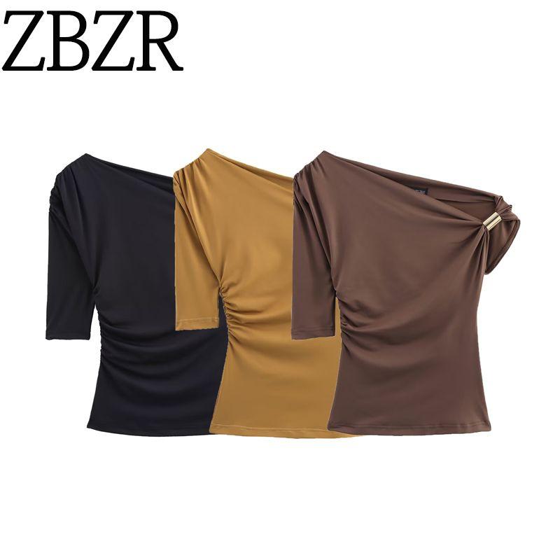 Zbzr Summer New Arrival Women's Metal Buckle Elegant Silm Nylon Asymmetric Minimalist Tops 1026164