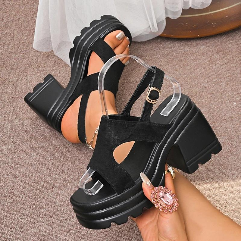 Fashion Women's Gothic Chunky Heels Sandals Summer 2025 Fashion Buckle Strap Platform Sandals Woman Thick Bottom High Heels Roman Shoes