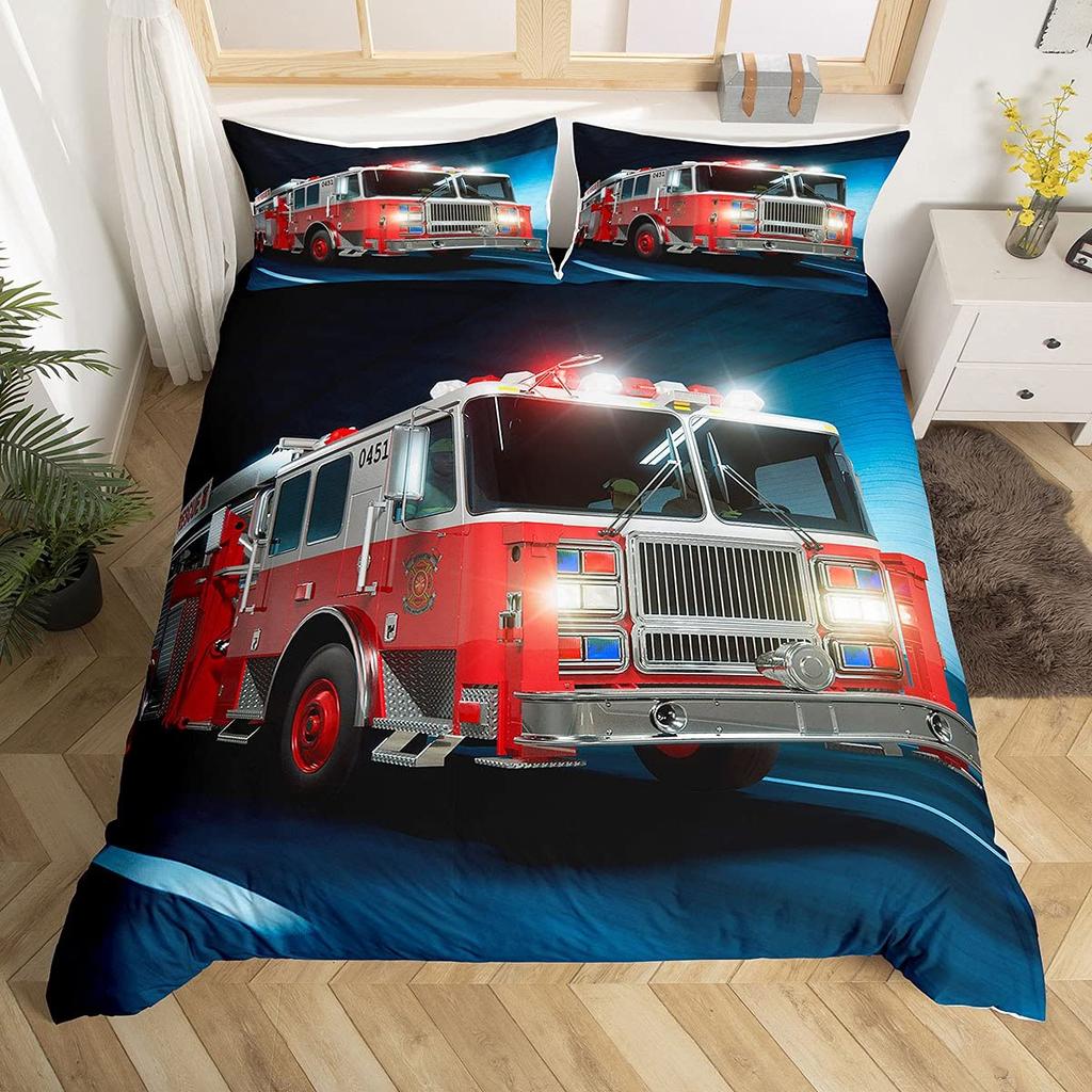 Firefighter Car Duvet Cover SetFire Truck Bedding Set King Honeycomb And Fire Comforter Cover Fire Engine Vehicle Quilt Cover