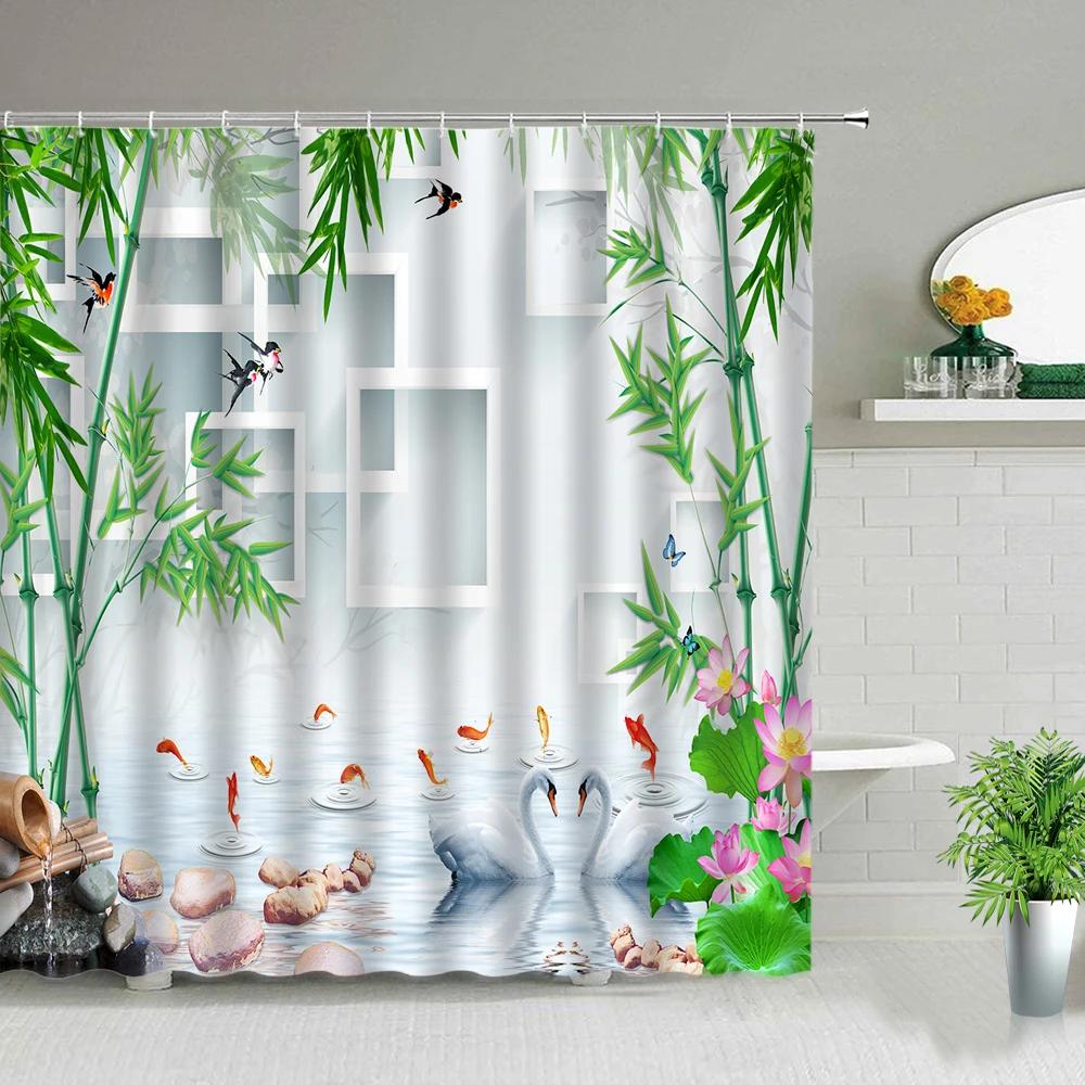 Bambusová Dekorace Sprchový Závěs Retro Design Rostlinný Potisk Pratelný Koupelnový Závěs Set Hnědá Opálená Béžová Koupelnové Doplňky S Háčkem