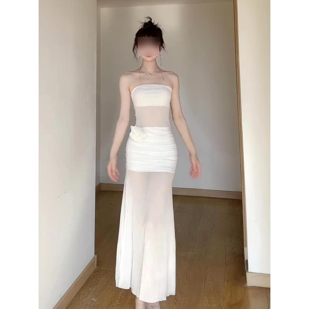 Resort Beach Dress Temperament Hip Length Skirt White Mesh Bandeau Dress Women's Summer