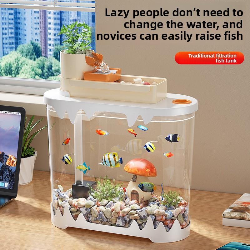 2026 New Fish Tank with Built-in Filter System Small Desktop Transparent Goldfish Bowl Complete Ecosystem Landscape for Beginner