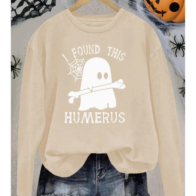 

2025 Autumn & Winter Women s New Casual Crew Neck Long Sleeve Top 3D Halloween Pattern 8XL бежевый