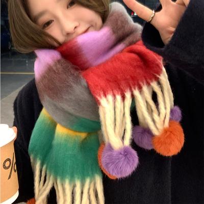 Dopamine Color Striped Handmade Fur Ball Warm Scarf Women's Winter Korean Version Thickened Cold Proof Couple's Scarf