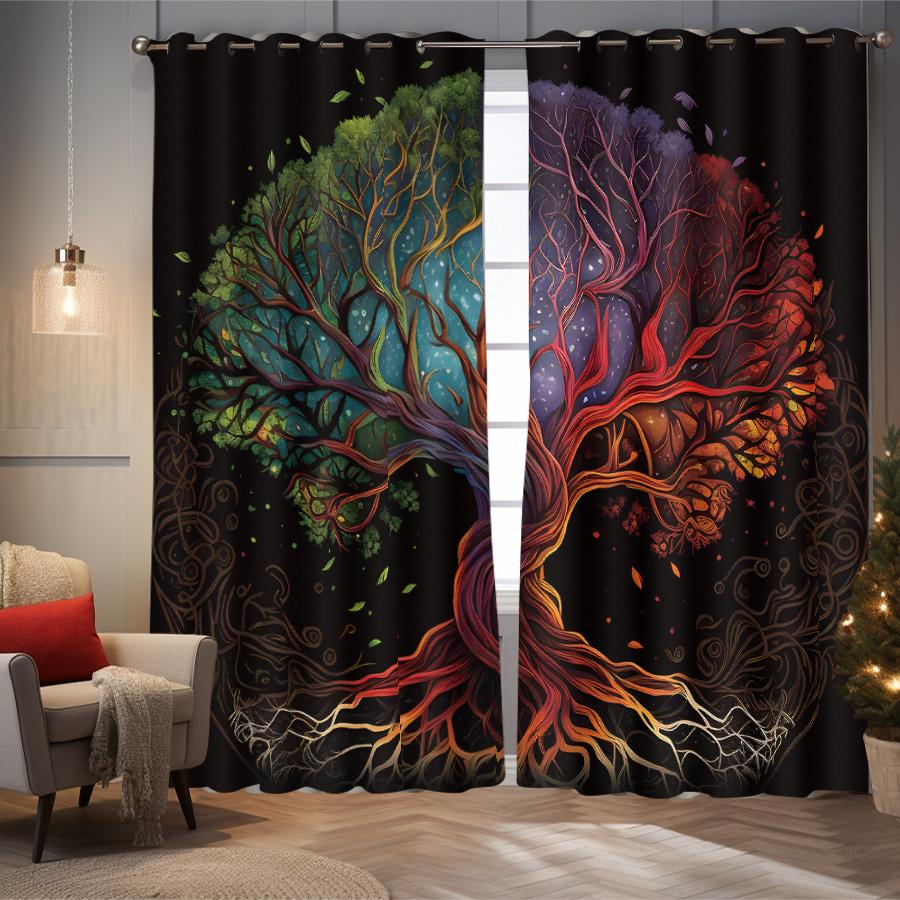 2 Pieces of Tree of Life Pattern Printed Curtains, Decorated In Black Gothic Style for Bedroom and Living Room