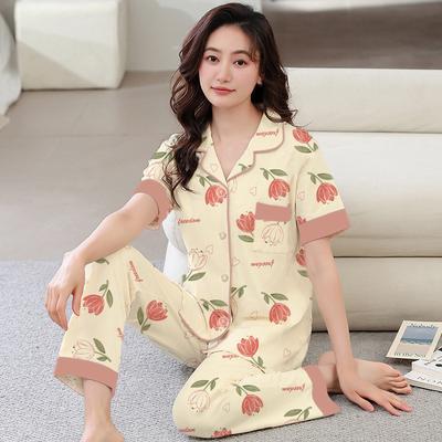 Simple and Sweet Floral Pajamas Women's Summer Imitation Cotton Short-sleeved Trousers Medium Young Women's Loungewear Set