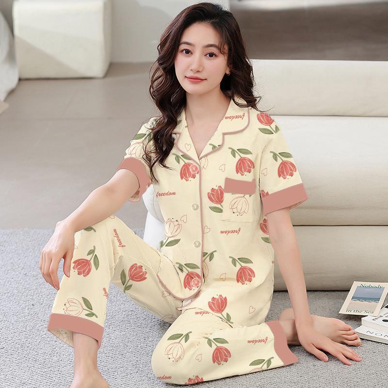 Imitation cotton pajamas women's summer new short-sleeved trousers simple flower mother loungewear large size set