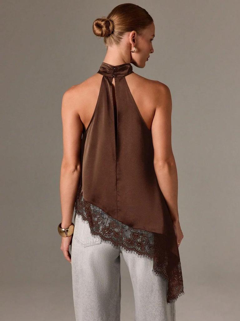 2026 Women's Asymmetrical Halter Neck Satin Vest with Lace Trim