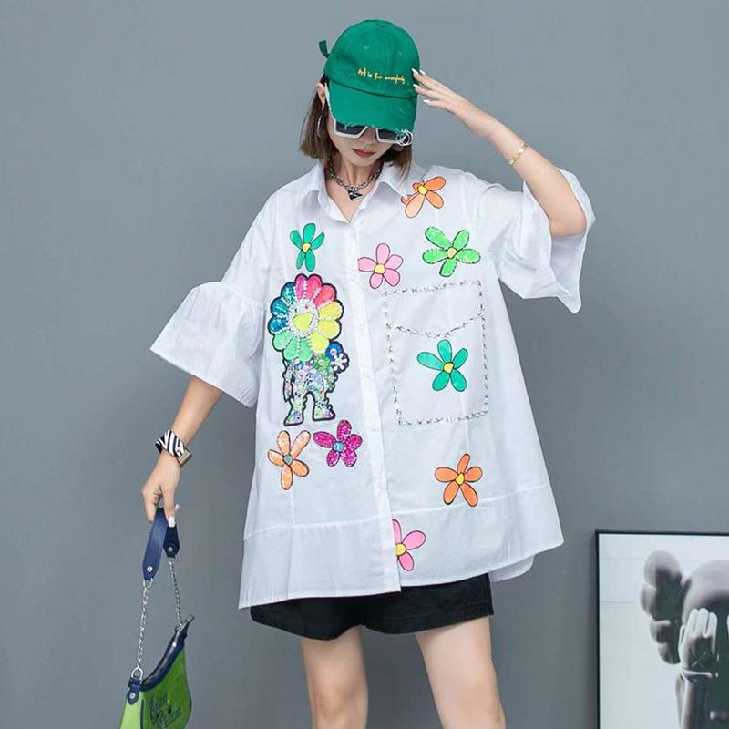 Thailand tide brand summer new foreign style heavy industry diamond candy color shirt women s loose medium and long sequined top One size fits all белый