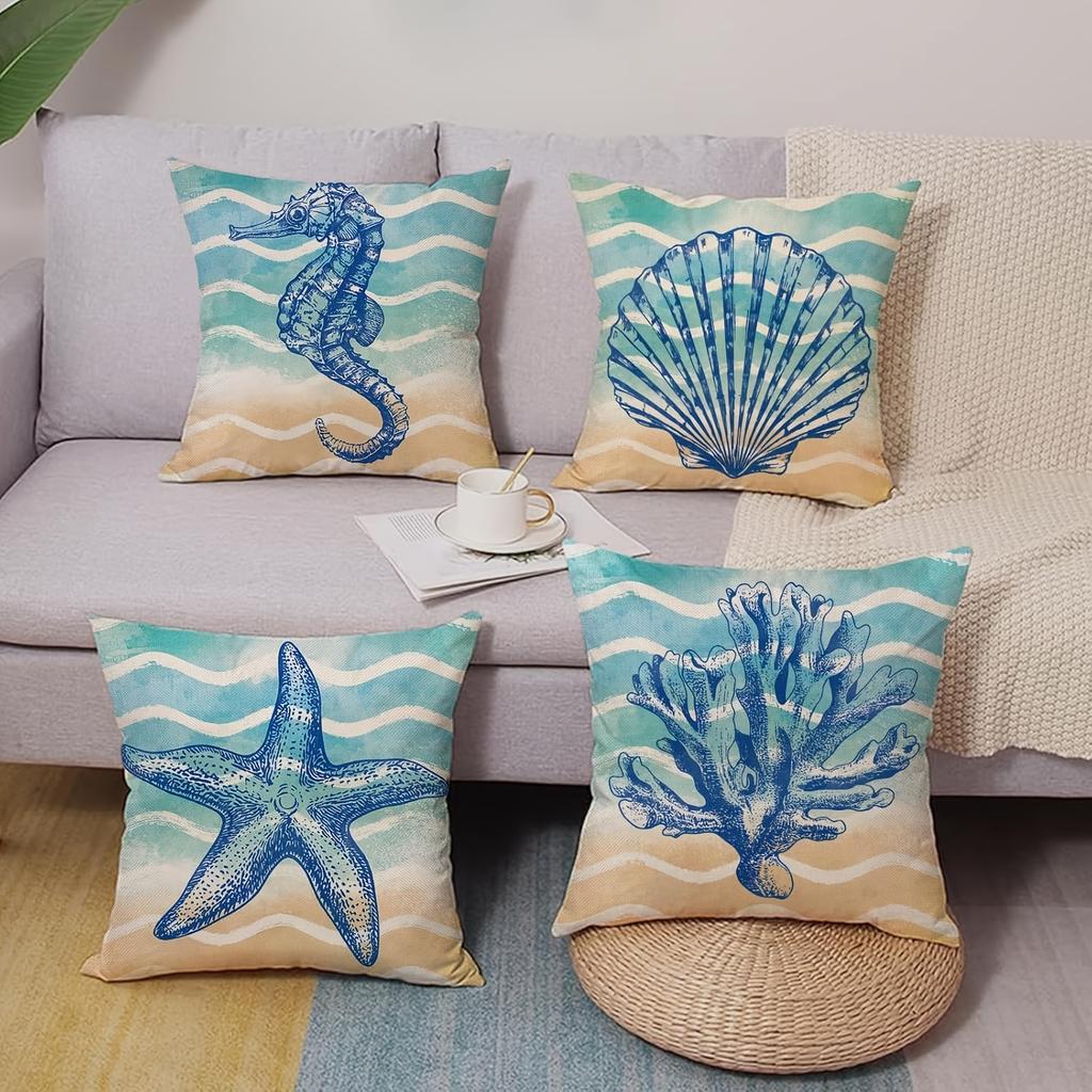 1/4pcs Coastal Throw Pillow Covers Watercolor Beach Ocean Theme Seahorse Starfish Shell Coral Cushion Cases for Home Patio Decor
