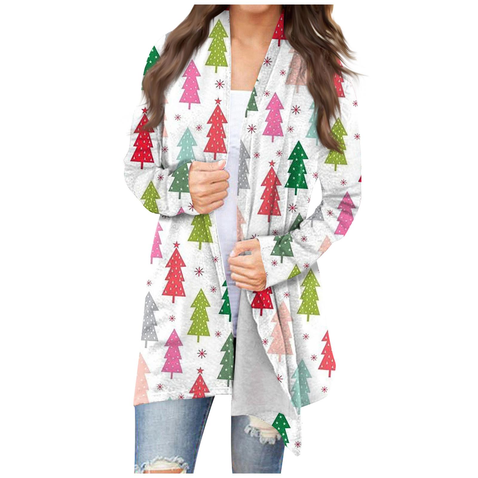 

Женская мода, повседневный рождественский принт, кардиган средней длины, куртка, пальто XL белый