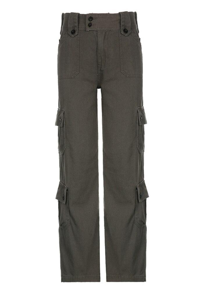 

Весна-Осень 2022, винтажные повседневные уличные брюки с высокой талией и карманами, женские брюки-карго, мешковатые джинсы для отдыха, прямые широкие брюки S серый