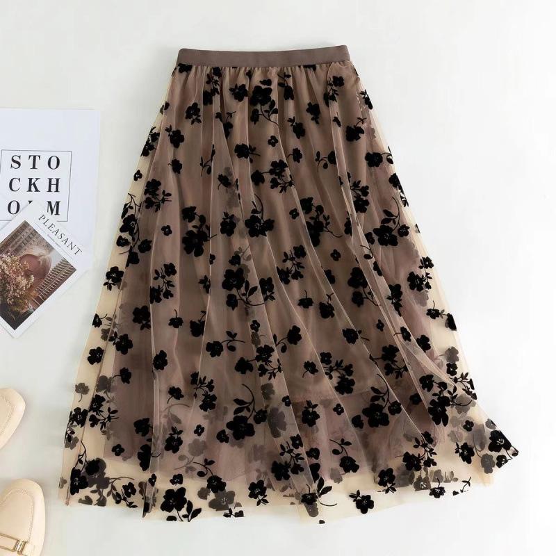 New Korean Women Tulle Skirt Fashion Summer Hook Floral Loose Midi Skirt Elegant Female Casual All Match Mesh Skirts