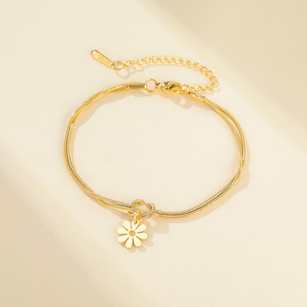 Teamer Daisy Charm Bracelet Stainless Steel Forever Knot Double Layer Snake Chain For Women Girls Trendy Flower Pendant Jewelry