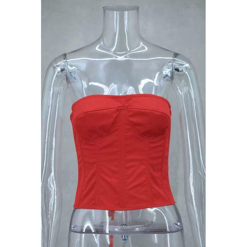 

European and American Sexy Fishbone Strap Adjustable Tube Top Flower Skirt Outfit Sexy Top and Skirt Set Red Tube Top M