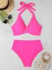 2025 Push Up Halter String Solid Two Piece Bikini Women Swimwear Female Swimsuit Bathers Bathing Swimming Suit Beachwear Summer