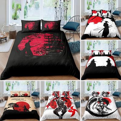 Juego de Ropa de Cama Samurai Japonés Paisaje Atardecer Japón Silueta Edificio Funda Nórdica Para Hombres Adolescentes Negro Rojo