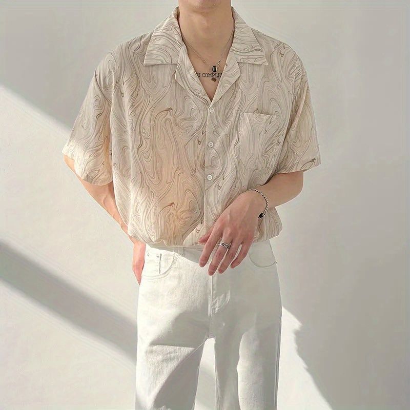 Stijlvolle Bedrukte Losse Overhemden Herenkleding Vintage Omgeslagen Kraag Zomer Koreaans Korte Mouw Casual Enkelrijige Overhemden