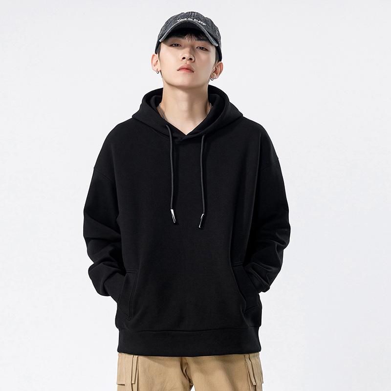 

Тяжелый и утолщенный свитер с капюшоном, мужской зимний бархатный американский модный бренд, свободный теплый однотонный ремешок, шапка на одежде 3XL чёрный