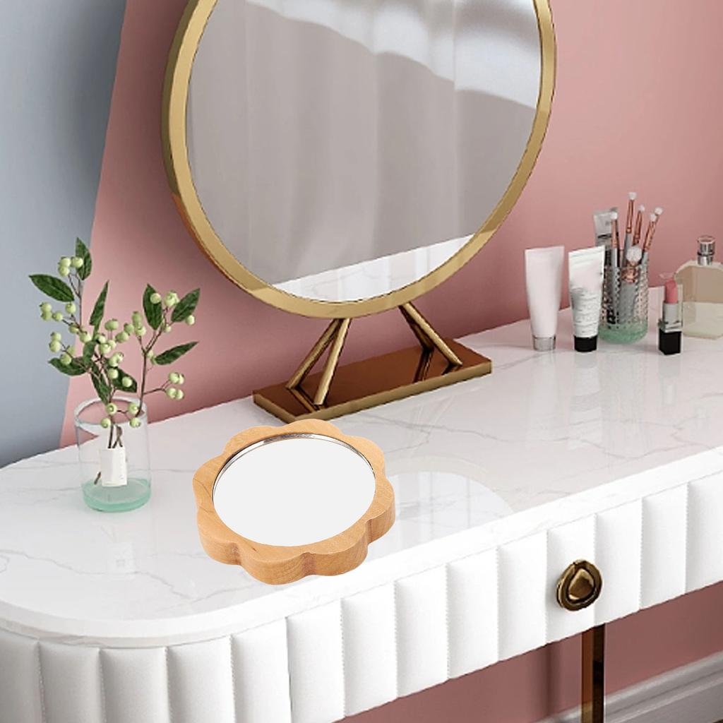 Wood Framed Makeup Mirror Glass Fashionable Handheld Small Round Cosmetic Mirror for Women