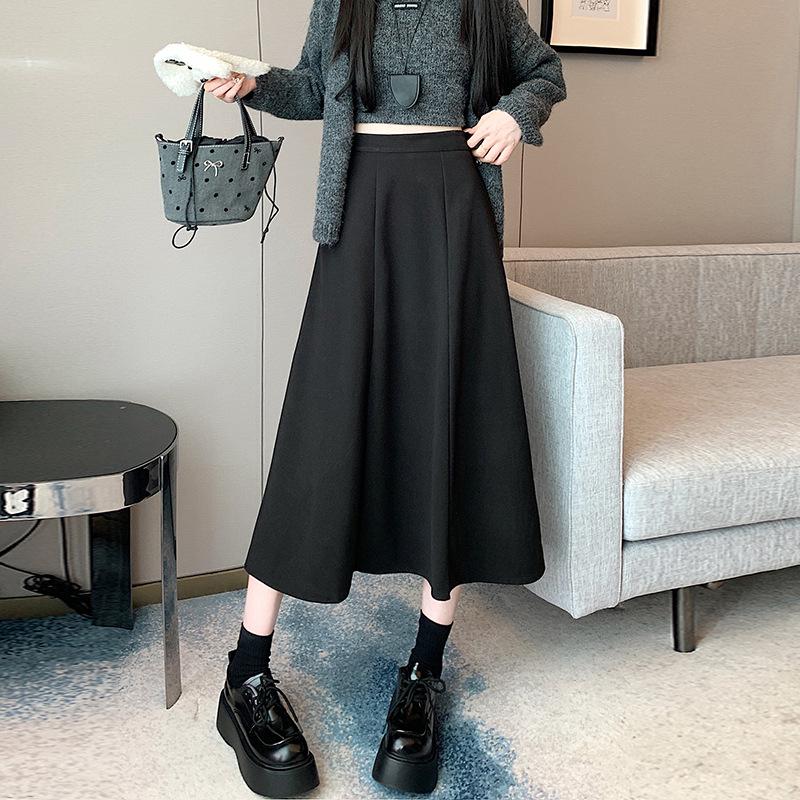 Plus Size Women's Korean Wool Flare Umbrella Skirt - High Waist A-Line for Autumn/Winter