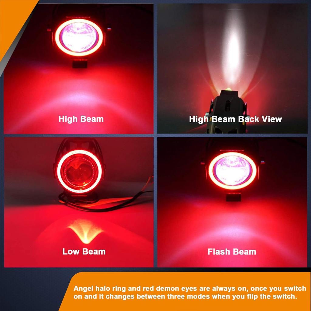 Motorcycle LED Fog Lights U7 Spotlight Daytime Running Lights With Red Angel Eyes Halo Ring And ON/Off Toggle Switch 2-Sets